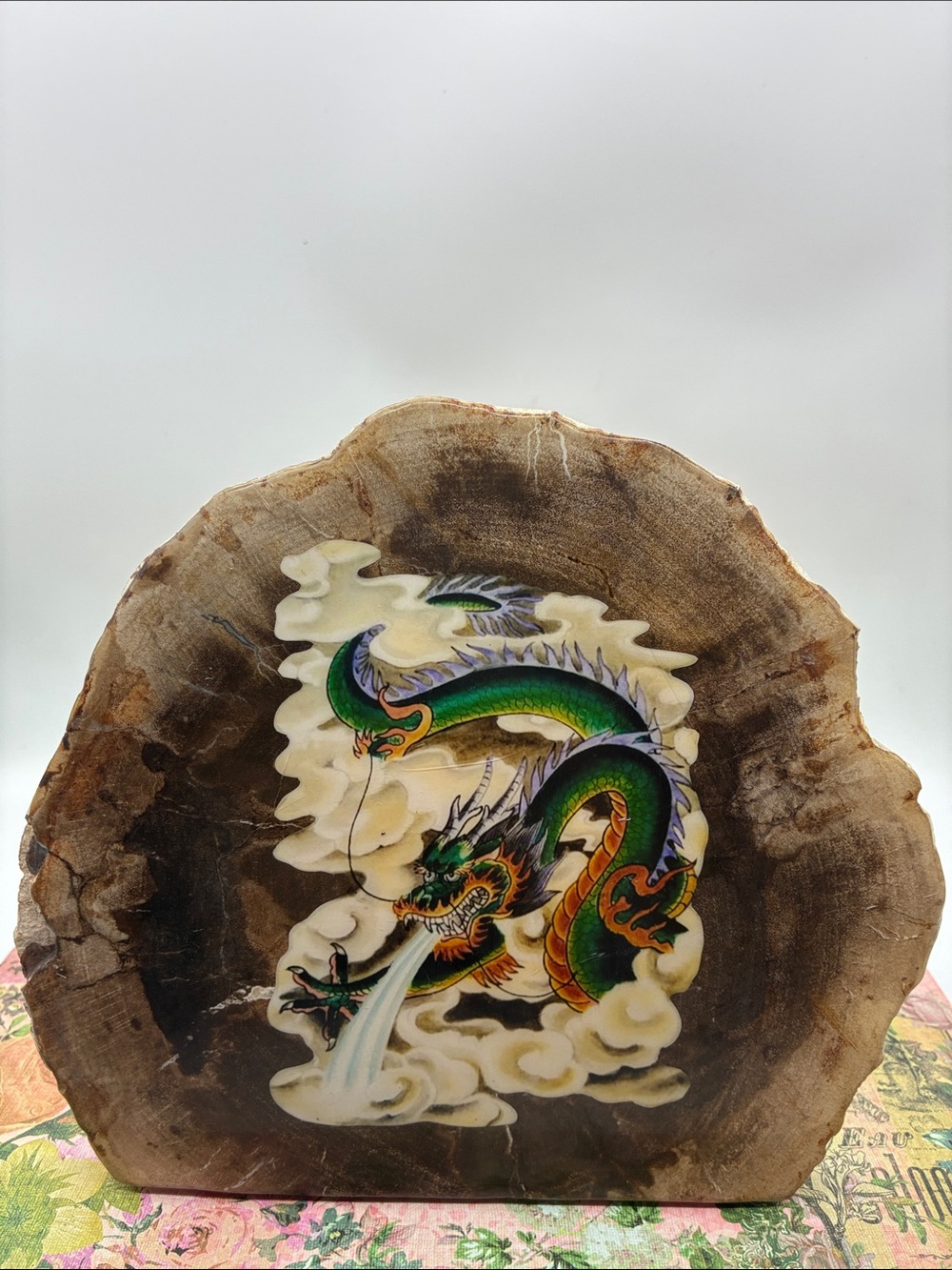 Green Chinese Dragon Decorative Petrified Wood Plaque Rock